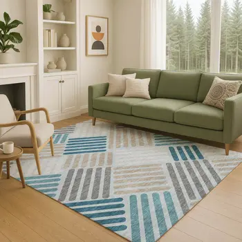 8' X 10' Teal Blue Wheat And Gray Geometric Washable Indoor Outdoor Area Rug