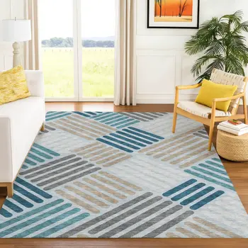 8' X 10' Teal Blue Wheat And Gray Geometric Washable Indoor Outdoor Area Rug