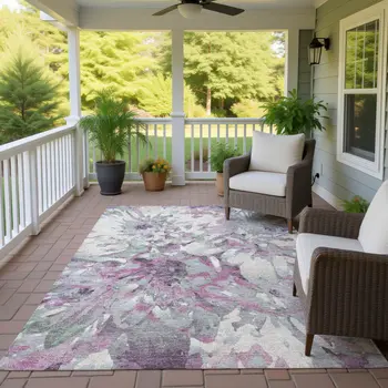 8' X 10' Blush Ivory And Gray Floral Washable Indoor Outdoor Area Rug