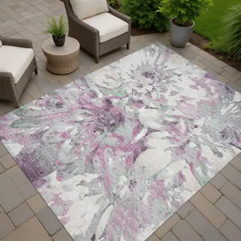 10' X 14' Blush Ivory And Gray Floral Washable Indoor Outdoor Area Rug