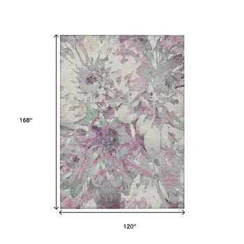 10' X 14' Blush Ivory And Gray Floral Washable Indoor Outdoor Area Rug