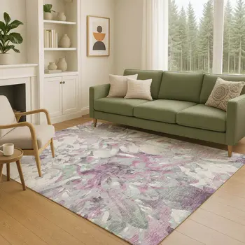 10' X 14' Blush Ivory And Gray Floral Washable Indoor Outdoor Area Rug