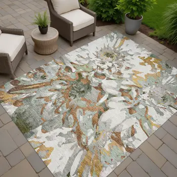3' X 5' Copper Gray And Ivory Floral Washable Indoor Outdoor Area Rug