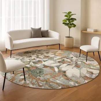 8' Copper Gray And Ivory Round Floral Washable Indoor Outdoor Area Rug