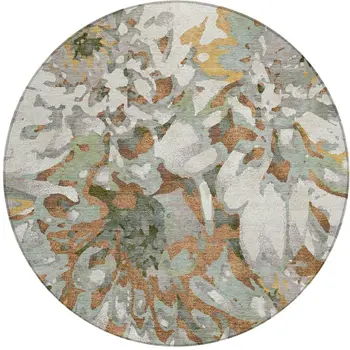 8' Copper Gray And Ivory Round Floral Washable Indoor Outdoor Area Rug