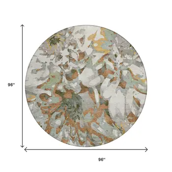 8' Copper Gray And Ivory Round Floral Washable Indoor Outdoor Area Rug