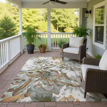 10' X 14' Copper Gray And Ivory Floral Washable Indoor Outdoor Area Rug
