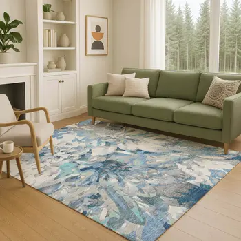 5' X 8' Denim Blue Gray And Ivory Floral Washable Indoor Outdoor Area Rug