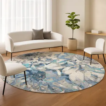 8' Denim Blue Gray And Ivory Round Floral Washable Indoor Outdoor Area Rug