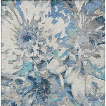 9' X 12' Denim Blue Gray And Ivory Floral Washable Indoor Outdoor Area Rug