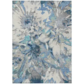 9' X 12' Denim Blue Gray And Ivory Floral Washable Indoor Outdoor Area Rug
