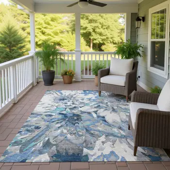 9' X 12' Denim Blue Gray And Ivory Floral Washable Indoor Outdoor Area Rug