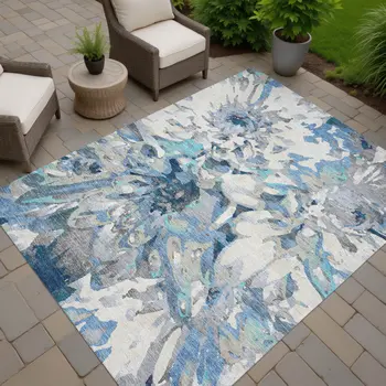 10' X 14' Denim Blue Gray And Ivory Floral Washable Indoor Outdoor Area Rug