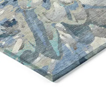 10' X 14' Denim Blue Gray And Ivory Floral Washable Indoor Outdoor Area Rug