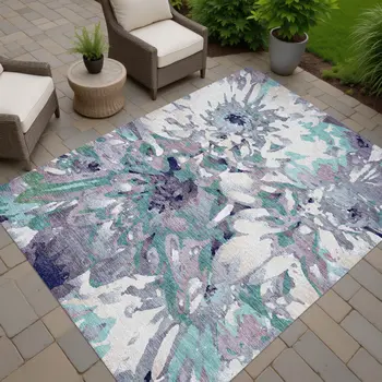 5' X 8' Lavender Gray And Ivory Floral Washable Indoor Outdoor Area Rug