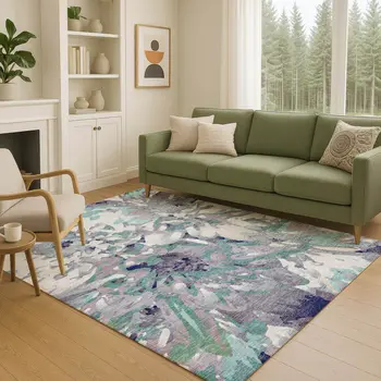 5' X 8' Lavender Gray And Ivory Floral Washable Indoor Outdoor Area Rug