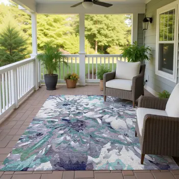 5' X 8' Lavender Gray And Ivory Floral Washable Indoor Outdoor Area Rug