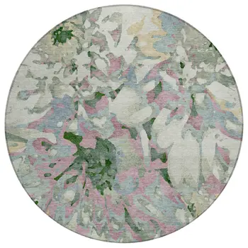 8' Sage Gold And Emerald Round Floral Washable Indoor Outdoor Area Rug