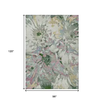 8' X 10' Sage Gold And Emerald Floral Washable Indoor Outdoor Area Rug