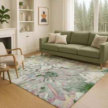 8' X 10' Sage Gold And Emerald Floral Washable Indoor Outdoor Area Rug