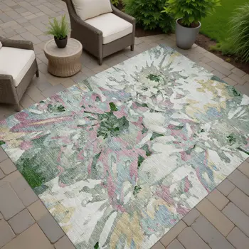 10' X 14' Sage Gold And Emerald Floral Washable Indoor Outdoor Area Rug