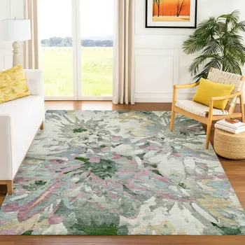 10' X 14' Sage Gold And Emerald Floral Washable Indoor Outdoor Area Rug