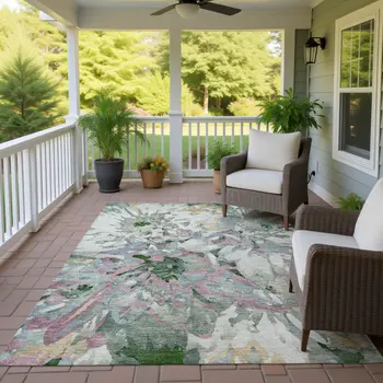 10' X 14' Sage Gold And Emerald Floral Washable Indoor Outdoor Area Rug