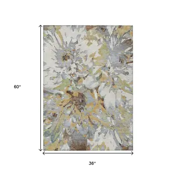 3' X 5' Wheat Ivory And Gray Floral Washable Indoor Outdoor Area Rug