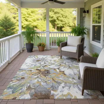 3' X 5' Wheat Ivory And Gray Floral Washable Indoor Outdoor Area Rug