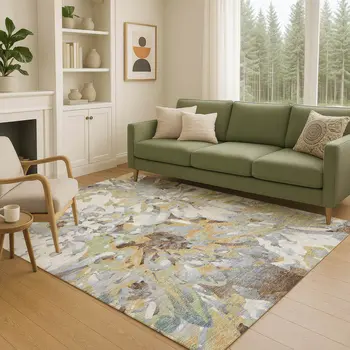 5' X 8' Wheat Ivory And Gray Floral Washable Indoor Outdoor Area Rug