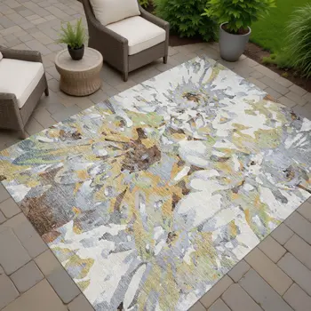 9' X 12' Wheat Ivory And Gray Floral Washable Indoor Outdoor Area Rug