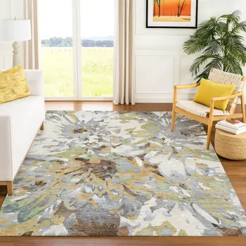 9' X 12' Wheat Ivory And Gray Floral Washable Indoor Outdoor Area Rug