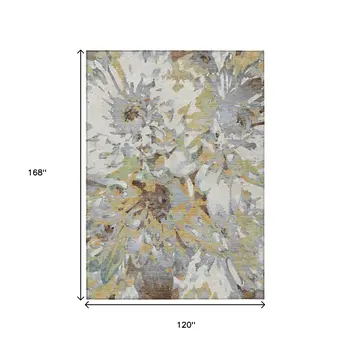 10' X 14' Wheat Ivory And Gray Floral Washable Indoor Outdoor Area Rug