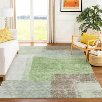 3' X 5' Artichoke Green Ivory And Brown Abstract Washable Indoor Outdoor Area Rug