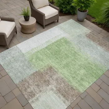 5' X 8' Artichoke Green Ivory And Brown Abstract Washable Indoor Outdoor Area Rug