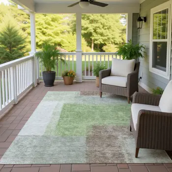 5' X 8' Artichoke Green Ivory And Brown Abstract Washable Indoor Outdoor Area Rug