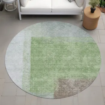 8' Artichoke Green Ivory And Brown Round Abstract Washable Indoor Outdoor Area Rug