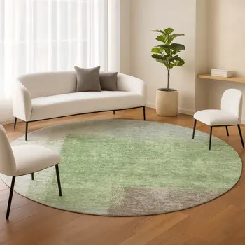 8' Artichoke Green Ivory And Brown Round Abstract Washable Indoor Outdoor Area Rug