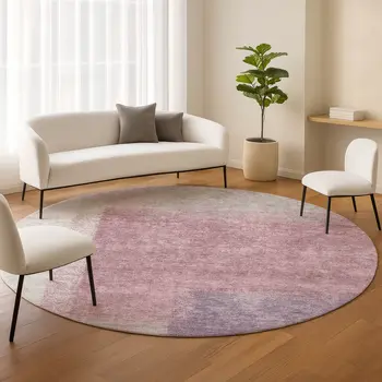 8' Blush Ivory And Gray Round Abstract Washable Indoor Outdoor Area Rug