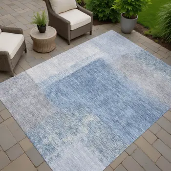 8' X 10' Denim Blue Ivory And Gray Abstract Washable Indoor Outdoor Area Rug