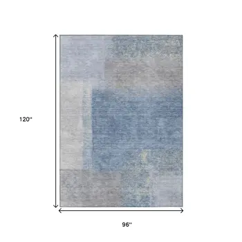 8' X 10' Denim Blue Ivory And Gray Abstract Washable Indoor Outdoor Area Rug