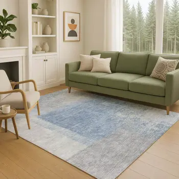 10' X 14' Denim Blue Ivory And Gray Abstract Washable Indoor Outdoor Area Rug