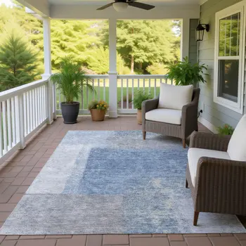 10' X 14' Denim Blue Ivory And Gray Abstract Washable Indoor Outdoor Area Rug