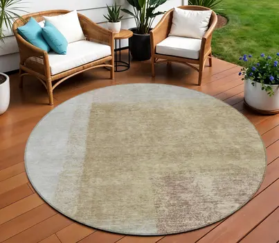 8' Gold Ivory And Gray Round Abstract Washable Indoor Outdoor Area Rug