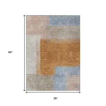 3' X 5' Rust Ivory And Blue Abstract Washable Indoor Outdoor Area Rug