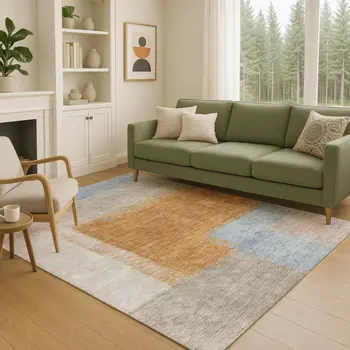 5' X 8' Rust Ivory And Blue Abstract Washable Indoor Outdoor Area Rug