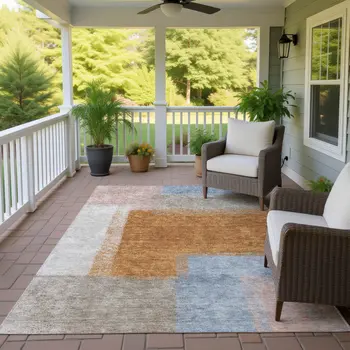 5' X 8' Rust Ivory And Blue Abstract Washable Indoor Outdoor Area Rug