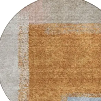 8' Rust Ivory And Blue Round Abstract Washable Indoor Outdoor Area Rug