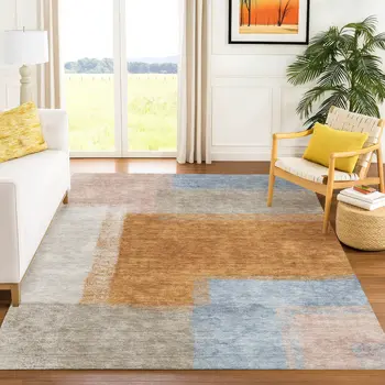 8' X 10' Rust Ivory And Blue Abstract Washable Indoor Outdoor Area Rug