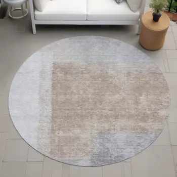 8' Taupe Ivory And Gray Round Abstract Washable Indoor Outdoor Area Rug